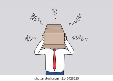 Unhappy businessman hide head in box feel ashamed of people or society struggle with business failure or loss. Distressed man experience bankruptcy or mistake hiding. Vector illustration. 