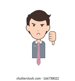 Unhappy businessman with his thumb down over isolated background. Vector design. 