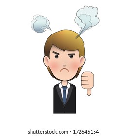 Unhappy businessman with his thumb down over isolated background. Vector design. 