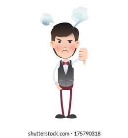 Unhappy businessman with his thumb down over isolated background. Vector design. 