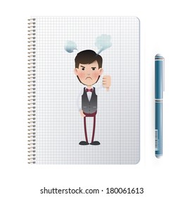 Unhappy businessman with his thumb down printed in notebook. Vector design