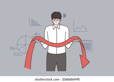 Unhappy businessman hold arrow facing down distressed with business crisis or failure. Upset stressed man CEO frustrated with economic recession. Bankruptcy concept. Flat vector illustration. 