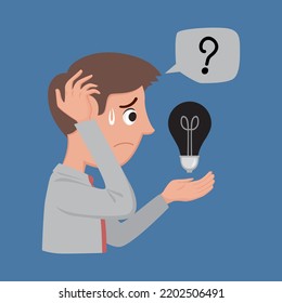 Unhappy businessman holding unworkable light bulb,  illustrator vector cartoon drawing image painting
