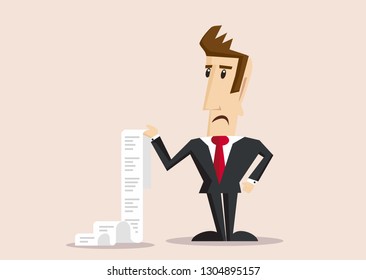 Unhappy businessman with long task list or long bill