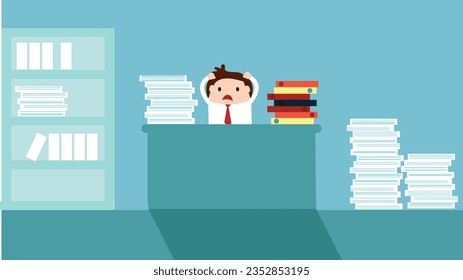 Unhappy Businessman Overloaded with Work in the Office. Workload and nine to five labor concept vector