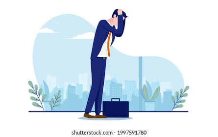 Unhappy businessman - Person feeling sad after making mistake in business. Vector illustration with white background.