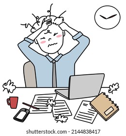 Unhappy Businessman Sitting At Desk, Frustrated At Work. Weary Young Man Working Overtime At Desk. Busy And Exhausted Businessman Working Hard At Desk Cluttered With Crumpled Paper Balls And Sheets.