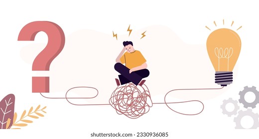 Unhappy businessman sitting on messy chaos. Problem with creativity, lack of ideas. Brainstorming difficulties, emotional crisis, business burnout. Search answers. Disorder male employee. flat vector