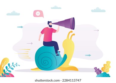 Unhappy businessman sitting on snail and looking in big spyglass. Business slow growth or bad results. Global vision, wrong strategy. Problems with business growth, mistakes. flat vector illustration