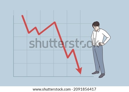 Unhappy businessman stand near graph going down distressed with business bankruptcy or crisis. Upset man employee or worker stressed with bad financial statistics. Flat vector illustration. 