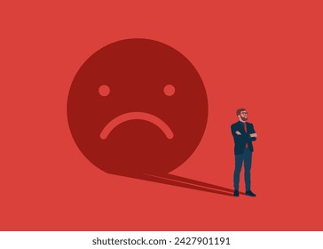 Empresario infeliz de pie con la sombra triste cara emoji. Actitud negativa. Ilustración vectorial plana.  