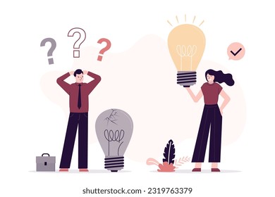 Unhappy businessman stands near broken light bulb. Problem with creativity, lack of ideas. Successful woman mentor gives new idea, mentorship, business training, brainstorming. vector illustration