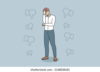 Unhappy businessman stressed with negative feedback or bad career news. Upset male employee distressed with work failure or mistake. Job burnout or mental breakdown. Vector illustration. 