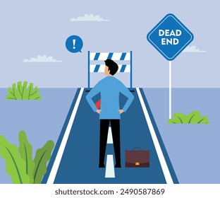 Unhappy Businessman is stuck. Male manager thinking and looks at dead end sign. Road end 2d flat vector illustration