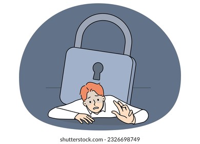 Unhappy businessman under heavy padlock suffer from bankruptcy during lockdown. Stressed man employee pressed by lock burden. Debt and financial crisis. Vector illustration.