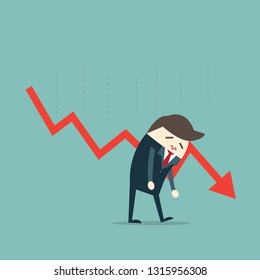 Unhappy Businessman walk with disappointed down financial graph.