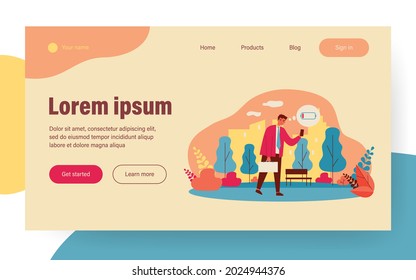 Unhappy businessman walking with cellphone out of battery. Man with low energy level flat vector illustration. Burnout, charging concept for banner, website design or landing web page