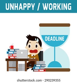 unhappy businessman working job .deadline.
modern design flat character isolated on white background.
graphic vector illustration.
business concept.