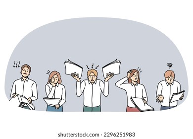 Unhappy businesspeople with paperwork frustrated with bad financial results. Upset confused employees or workers with documents failed with company statistics. Flat vector illustration.