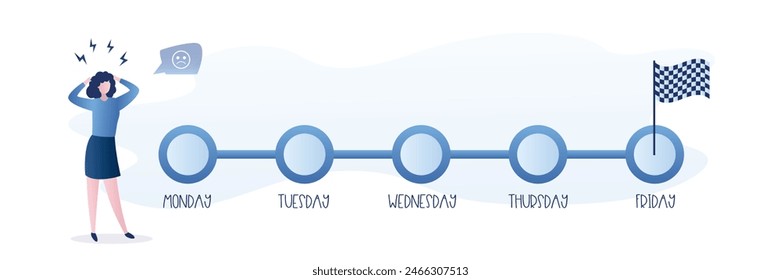 Empresaria infeliz antes de empezar cinco días de trabajo. El trabajo rutinario o el trabajo de cinco días hacen que el empleado trabaje excesivamente en tareas repetitivas todos los días, sin motivación, dificultad para cambiar o encontrar oportunidades. Vector