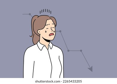 Unhappy businesswoman cry stressed with financial graph going down. Distressed female employee or worker frustrated with economic recession or crisis. Vector illustration. 