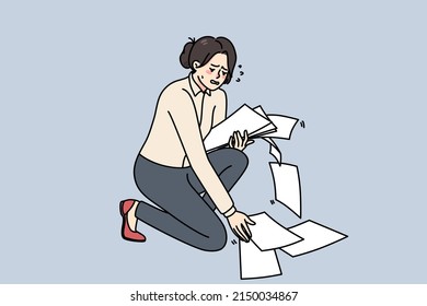 Unhappy businesswoman crying collect scattered on floor papers. Upset stressed clumsy woman gather dropped documents or paperwork, clean mess at workplace. Vector illustration. 