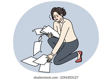 Unhappy businesswoman crying collect scattered on floor papers. Upset stressed clumsy woman gather dropped documents or paperwork, clean mess at workplace. Vector illustration.