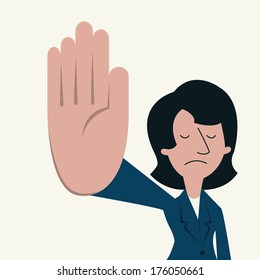 Unhappy businesswoman showing sign 'talk to the hand'. Communication feeling and emotional concept in displeased and want to say please shut up.