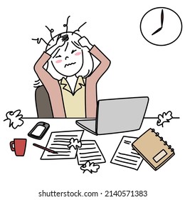 Unhappy businesswoman sitting at desk, frustrated at work. Weary young woman working overtime at desk. Busy and exhausted woman working hard at desk cluttered with crumpled paper balls and sheets.