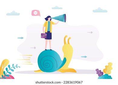 Unhappy businesswoman standing on snail and looking in big spyglass. Business slow growth or bad results. Global vision, wrong strategy. Problems with business growth, mistakes. vector illustration