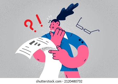 Unhappy businesswoman stressed about bad news in paperwork feel confused and frustrated. Shocked woman employee get dismissal or firing notice in document. Flat vector illustration. 