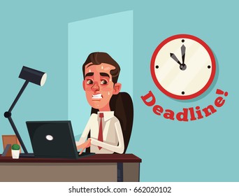 Unhappy busy sad office worker businessman character. Deadline. Vector flat cartoon illustration