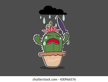 unhappy cactus cartoon in rainy season vector