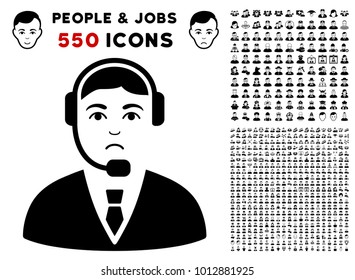 Unhappy Call Center Operator pictograph with 550 bonus pitiful and happy people graphic icons. Vector illustration style is flat black iconic symbols.