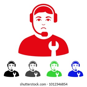 Unhappy Call Center Serviceman vector pictogram. Vector illustration style is a flat iconic call center serviceman symbol with grey, black, blue, red, green color versions. Face has dolour feeling.