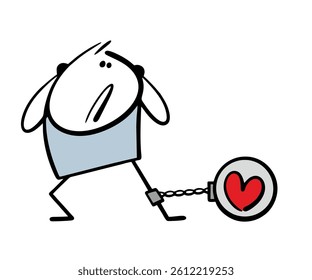 Unhappy cartoon man is bound by the chains of love. Vector illustration of a guy and a heavy weight, a prisoner in prison serving his sentence. Unsuccessful love relationships, family. 