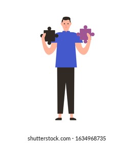 Unhappy cartoon man holding inappropriate jigsaw puzzle pieces vector flat illustration. Concept of problem solving, difficult in business, no solution found. Lonely sad guy having trouble svg