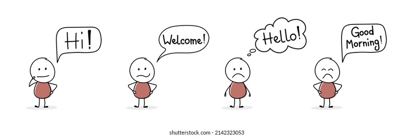 Unhappy cartoon people with greeting - welcome, hello, hi, good morning. Vector