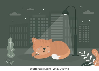 Gato infeliz durmiendo en la calle. Cartel o cartel sobre la adopción de mascotas. Cuidado de animales, protección, adopción. Ayuda a los animales sin hogar a encontrar el concepto de hogar. Gato solitario esperando a un propietario. ilustración vectorial