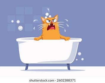 
Unhappy Cat Taking a Bath Vector Cartoon Design. Displeased anxious kitty unhappy to get wet in the bathtub 
