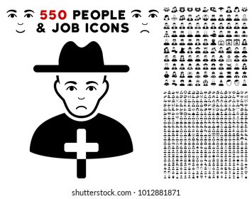 Unhappy Catholic Priest icon with 550 bonus pity and happy jobs images. Vector illustration style is flat black iconic symbols.