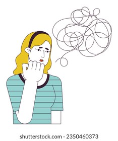 Unhappy caucasian girl flat line concept vector spot illustration. Chaos anxiety thoughts 2D cartoon outline character on white for web UI design. Editable isolated color hero image