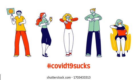 Unhappy Characters In Masks Stand In Row Show Thumbs Down With Coronavirus Banners, Negative Sign Gesture. Dislike, Disagree, Disappointment, Covid 19 Sucks Concept. Linear Vector People Illustration