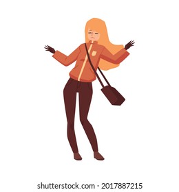 Unhappy cheerless warm dressed young woman dodges gusts of autumn wind, flat vector illustration isolated on white background. Cold autumn or winter season personage.