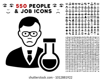 Unhappy Chemist icon with 550 bonus pitiful and happy men clip art. Vector illustration style is flat black iconic symbols.