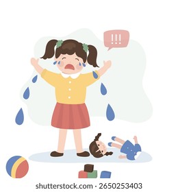 Unhappy child cries sadly and whines in a bad mood. Crying girl sobs in tears from a broken doll, Children's problem, negative emotions. Preschooler on a white background. flat vector illustration