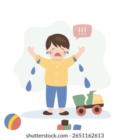 Unhappy child cries sadly and whines in a bad mood. Crying boy sobs in tears from broken truck toy, Children's problem, negative emotions. Preschooler on a white background. flat vector illustration