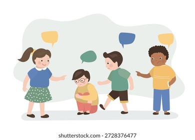 Unhappy child is crying because group of children are bullying and beat his, boy being bullied, bullying concept. Multi ethnic kids bully friend or classmate, bad behavior. flat vector illustration