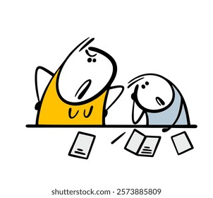 Unhappy child is doing his homework. A strict mother stands by and helps. Vector illustration of a family getting an education. A teacher and a student at school in class .Doodle characters.