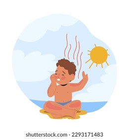 Unhappy Child Little Boy Character With Skin Sunburned, Experiencing Pain, Discomfort, And Redness, A Result Of Overexposure To The Sun's Harmful Rays on the Beach. Cartoon People Vector Illustration